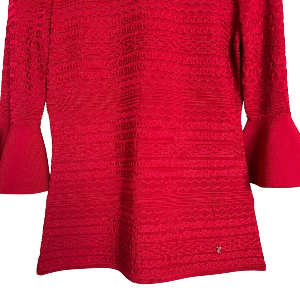 Carolina Herrera Red Cable Knit 3/4 Bell Sleeve Sweater Blouse M Elegant Holiday - Picture 4 of 11